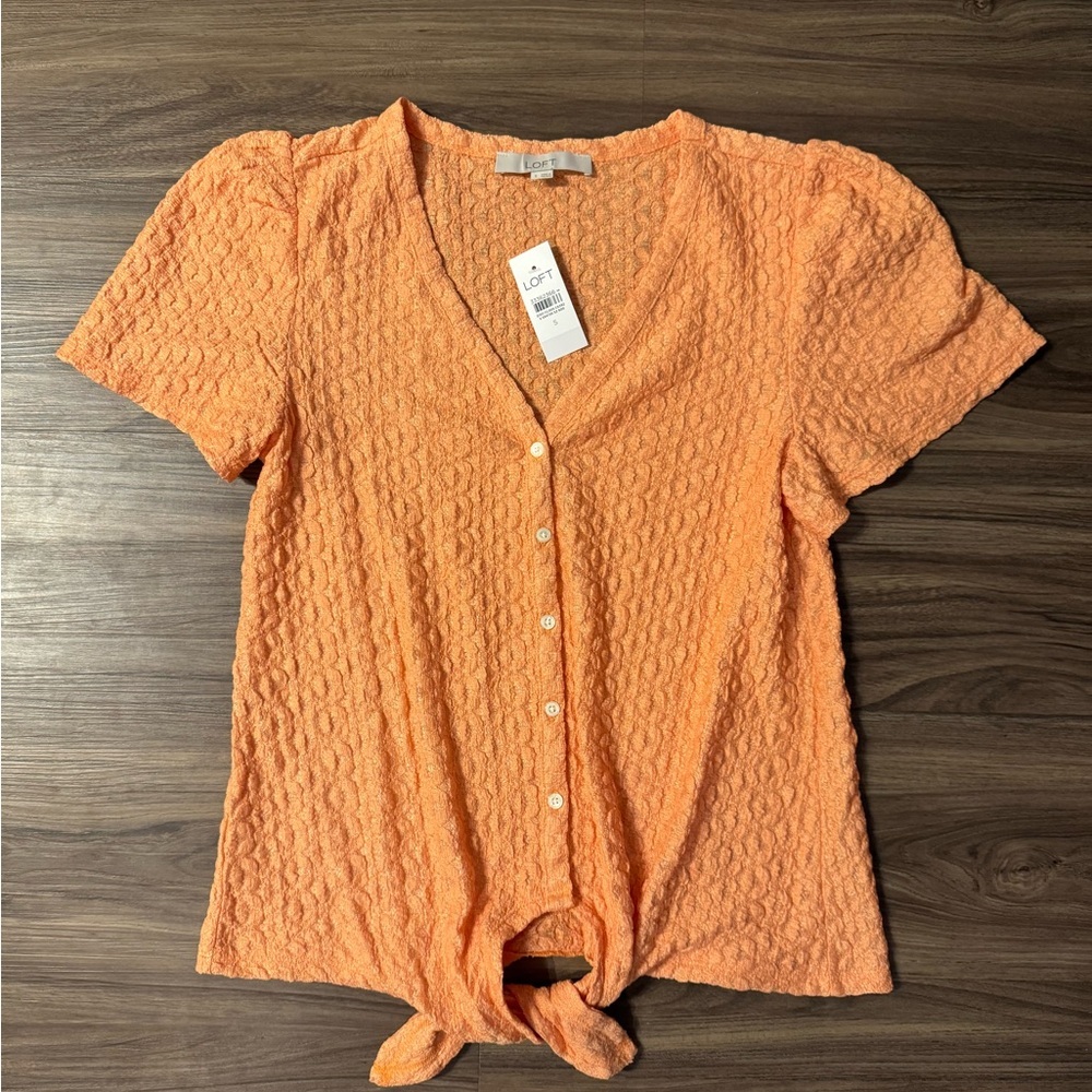 Loft Textured Orange Button Down V-Neck Blouse, Women’s Small NWT